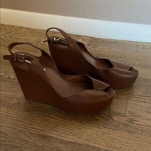 BCBGeneration Tasha Brown Leather Peep-Toe Slingback Wedges NF